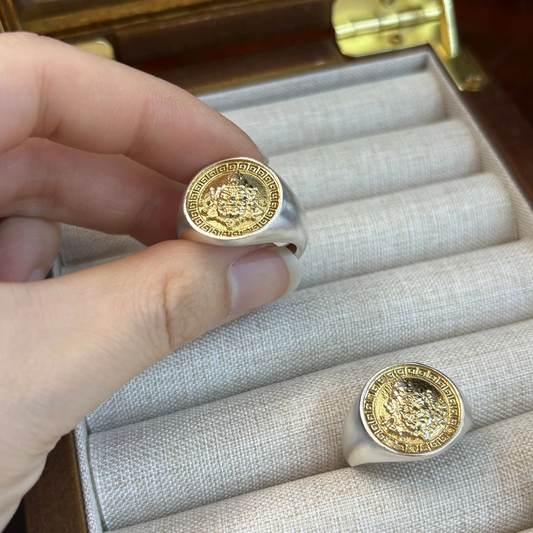 足银戒指 描金黄财神戒指男999.9纯银活口潮流民族风男士宽面指环