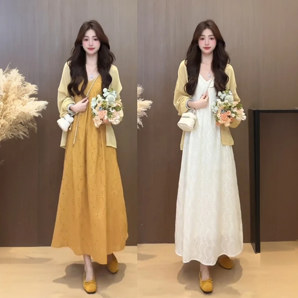 夏天穿搭一整套大码胖mm防晒长袖开衫搭配吊带连衣裙法式温柔套装