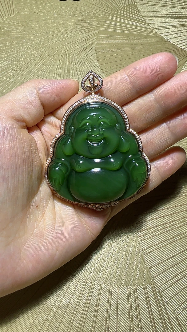 和田玉俄罗斯碧玉大肚佛18k金镶嵌