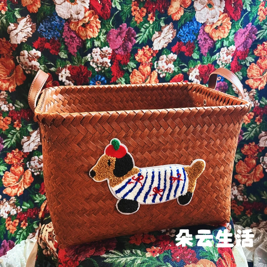 复古条纹腊肠狗狗编织包手提包尼龙绳吊坠脏衣篓收纳篮