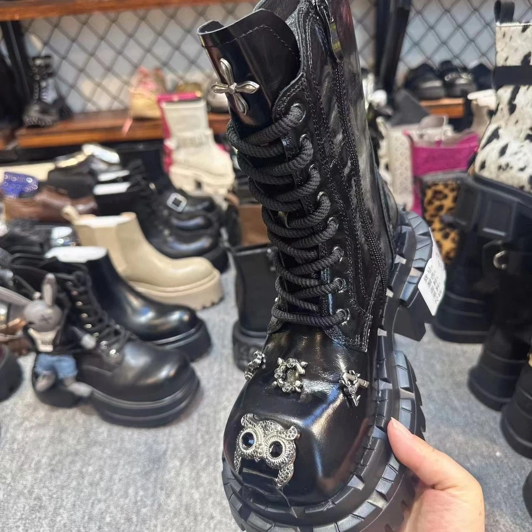 系带厚底街头风马丁靴中筒粗跟纯色秋冬百搭女士靴子