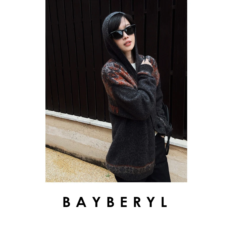 CC12-BAYBERYL老贝橙灰北欧费尔岛提花丝羊绒连帽针织衫ZZS5J2201