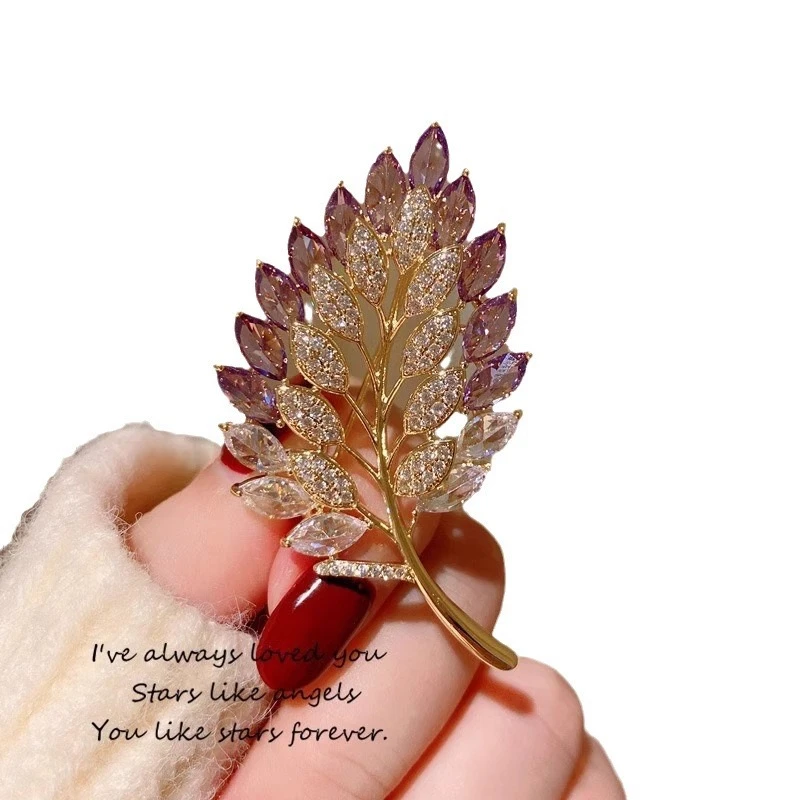 铜合金合成锆石胸针 大家大叶999轻奢高档时尚百搭彩色精致