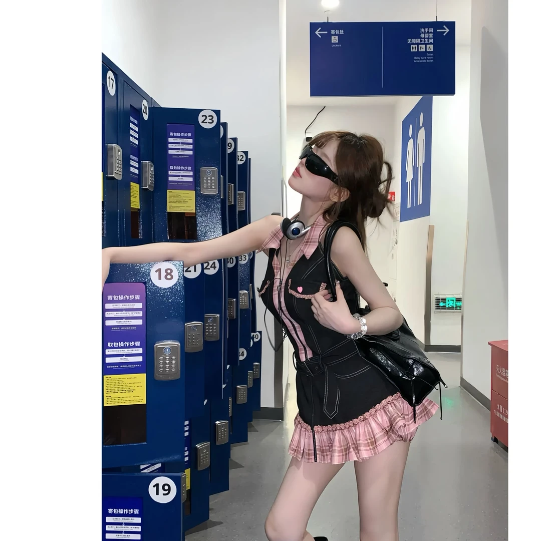 千禧辣妹 美式甜酷辣妹黑色拼接格子连衣裙夏季新款小众设计短裙