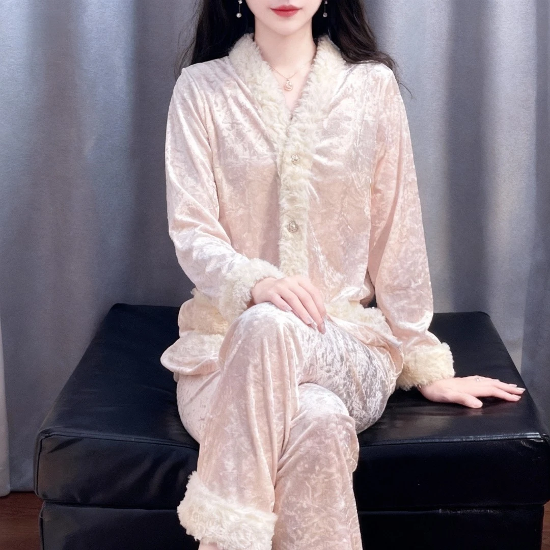 tpvl【羊羔绒】毛边粉色睡衣女2025新款秋冬外穿高级感套装家居服