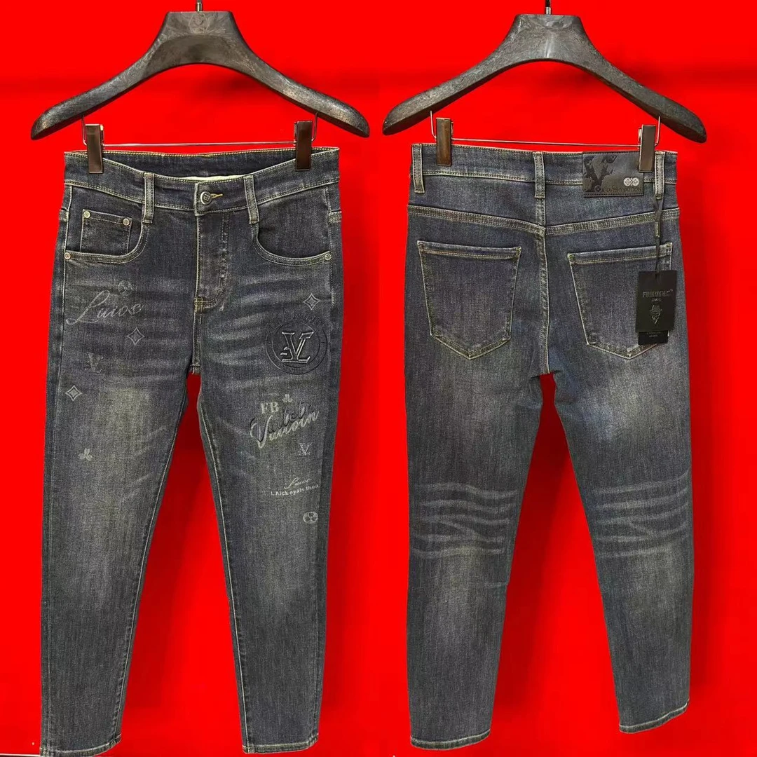 FLD秋季新款高品质潮牌小直脚男士个性字母印花修身弹力牛仔长裤