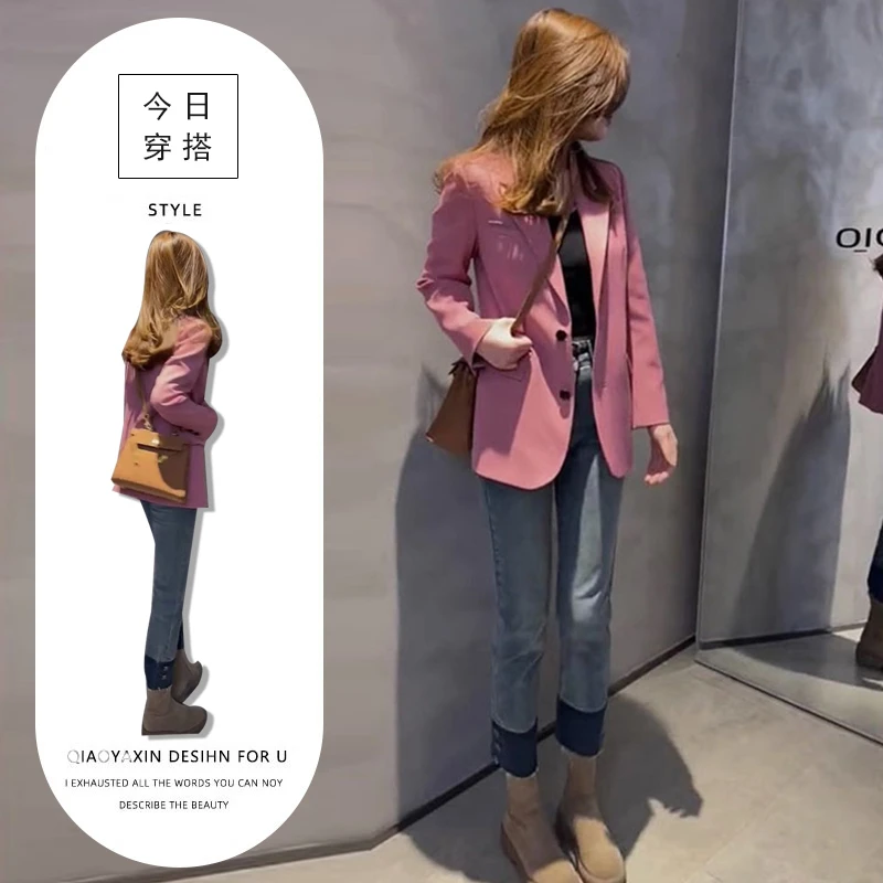 欧货两件套时尚套装女2025春秋新款小个子别致西装外套高腰牛仔裤