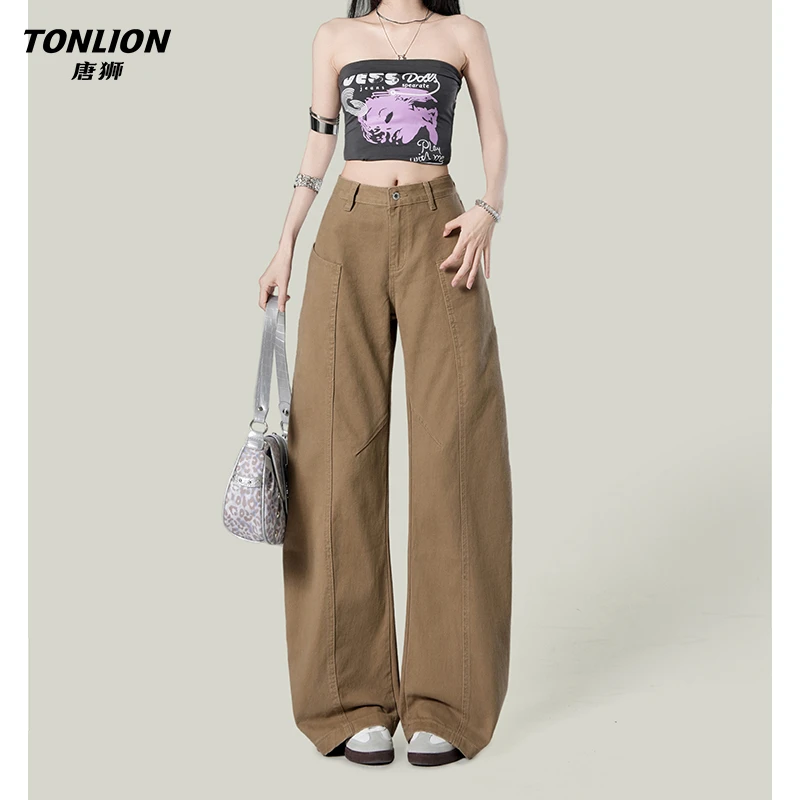 唐狮美式高街卡其色弯刀版型牛仔裤女复古设计感高腰梨形阔腿裤