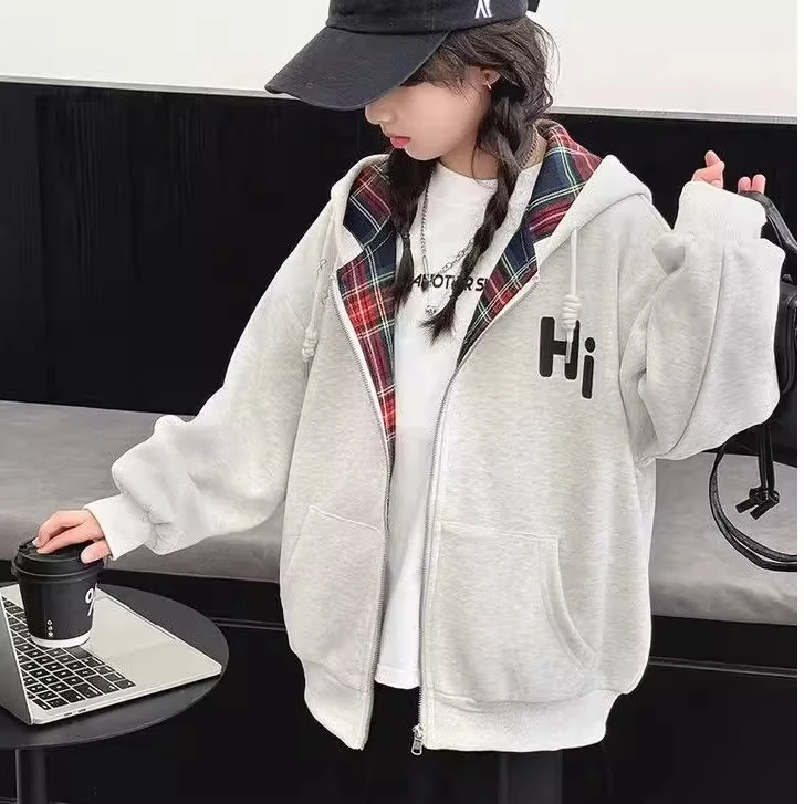 女童春装2025新款中大童韩版洋气格纹卫衣外套儿童装休闲女孩秋季