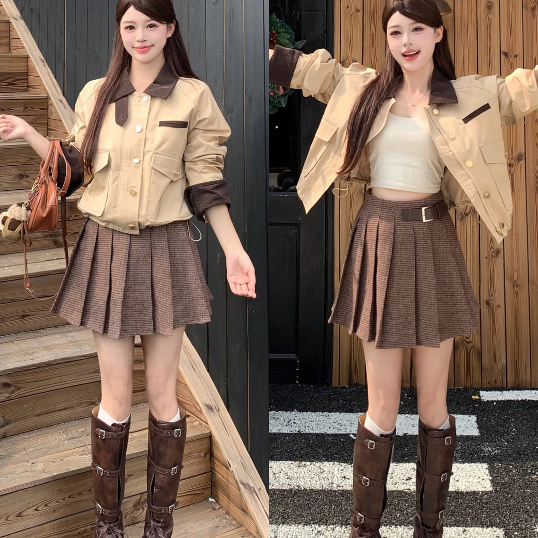 大码女装胖mm复古撞色翻领长袖夹克外套高腰百褶半身裙女时尚套装