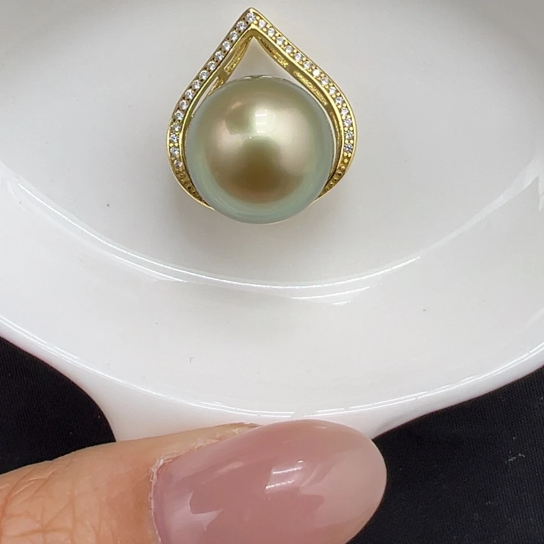 13mm大溪地牛油果色吊坠海水珍珠银S925镶嵌