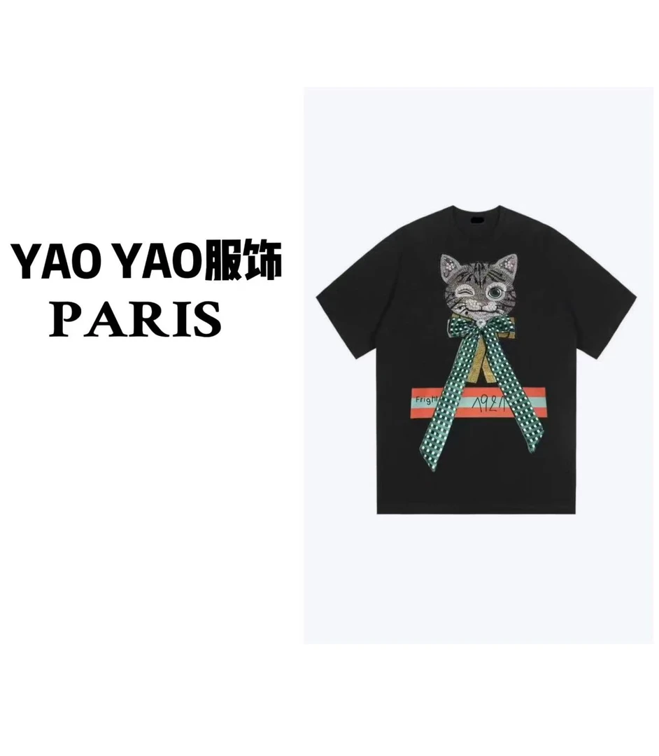【YAOYAO】猫咪小姐 新款 重工手工刺绣工艺 时尚高级短袖
