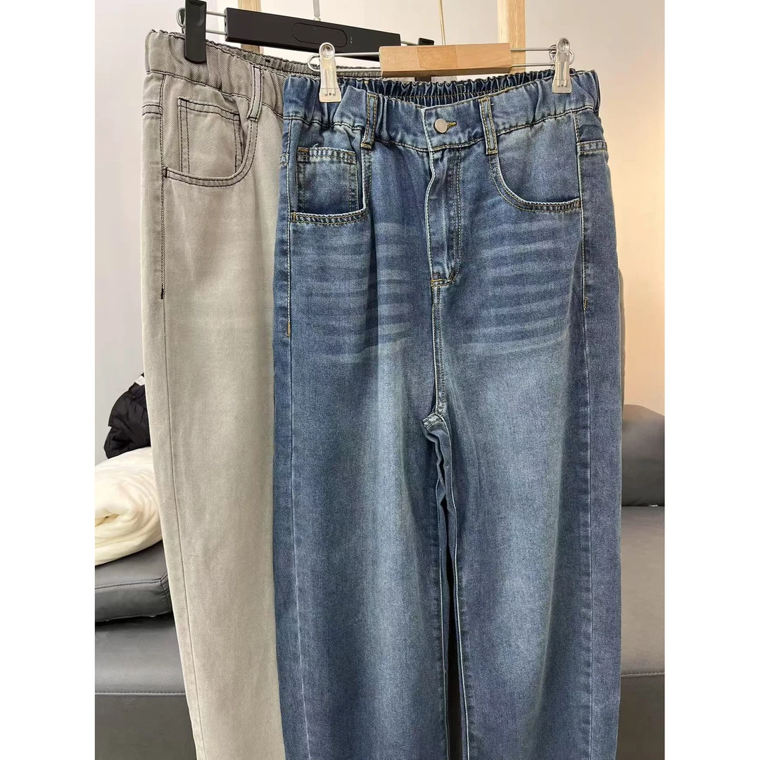 【猫咪纹牛仔】极简风新款水洗高腰牛仔裤阔腿长裤.Y8380