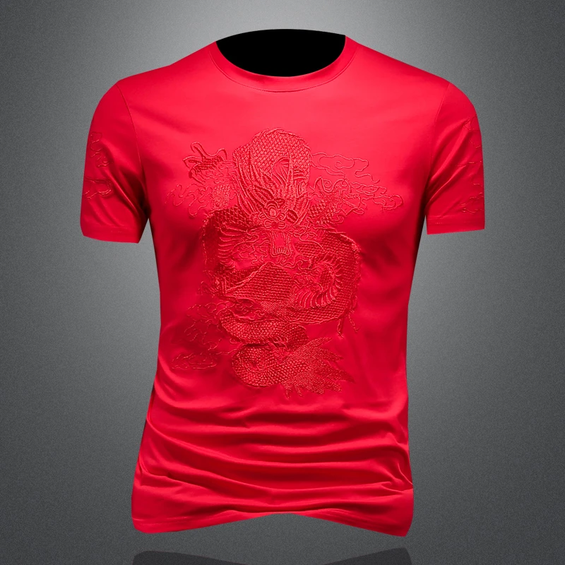 哈逊梅奈男士龙纹刺绣夏季薄款修身短袖时尚潮流休闲透气男款半袖