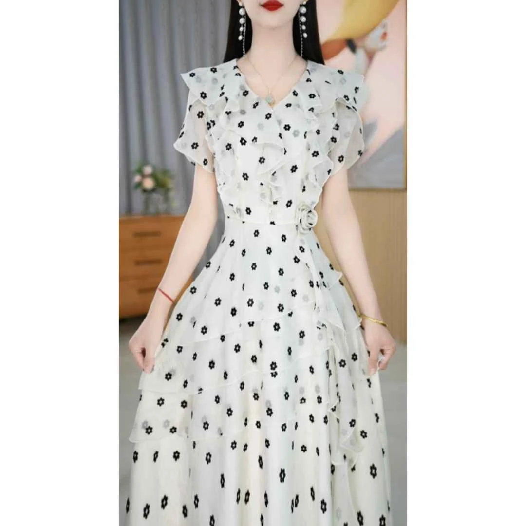 【连衣裙】夏季新款方领纯色花点法式轻薄减龄中长款连衣裙M-4XL