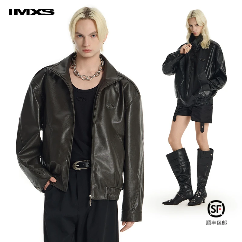 IMXS美式复古pu皮衣黑色秋季设计感夹克外套男女同款潮牌2025新款
