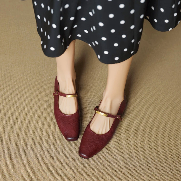 法式复古真皮浅口平底红色百搭小皮鞋春秋季新款新款女鞋网红款