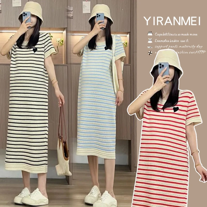 闪片爱心刺绣织夏季百搭镂空条纹喂奶装月子服透气潮哺乳款连衣裙