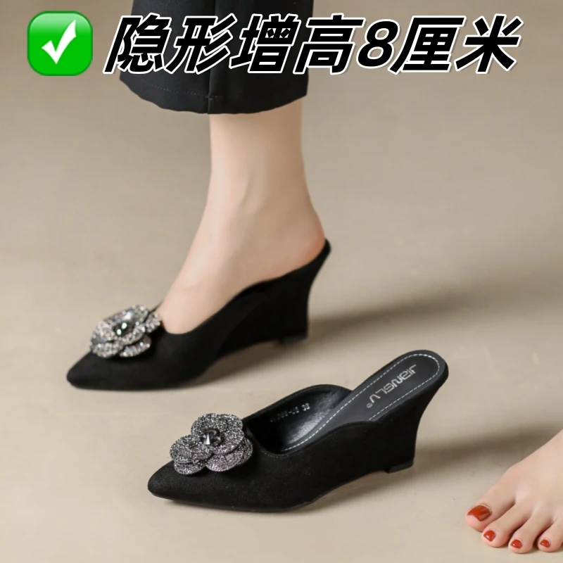 坡跟高跟鞋包头半拖鞋女外穿春夏时尚韩版黑色水钻山茶花尖头凉拖
