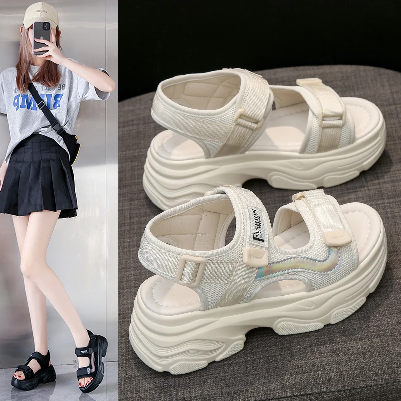 老爹凉鞋女2025夏新款百搭厚底松糕鞋高跟软底增高轻便休闲沙滩鞋