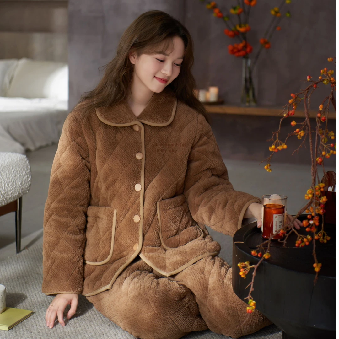姬玛冬季三层加绒加厚夹棉保暖女士家居服套装249090