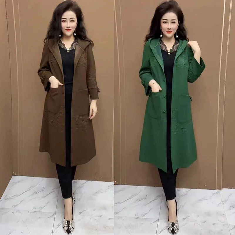 时尚减龄洋气风衣连帽大码女装外套2025新款气质阔太太中长款大衣