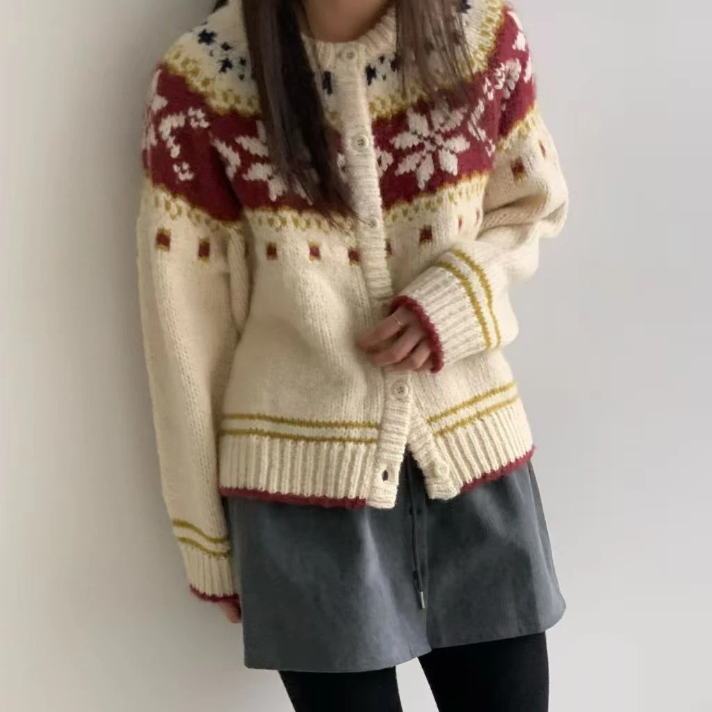 韩式东大门复古费尔岛风圆领粗毛线毛衣开衫氛围感冬季女装新款