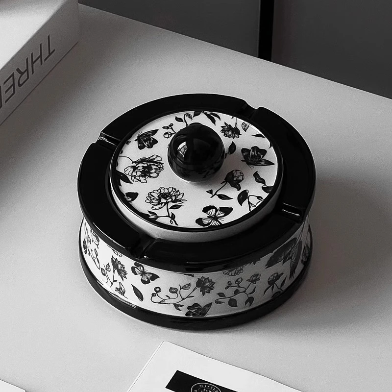 复古法式客厅陶瓷烟灰缸轻奢风装饰烟灰缸办公室带盖家用创意圆形