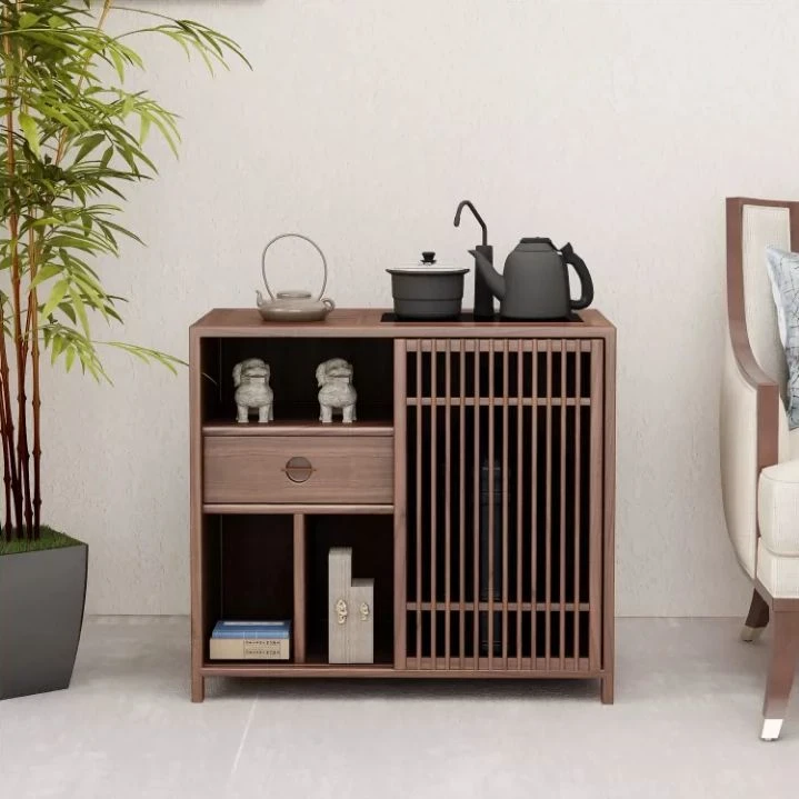 北方榆木材质北美胡桃色抽屉推拉门茶水柜