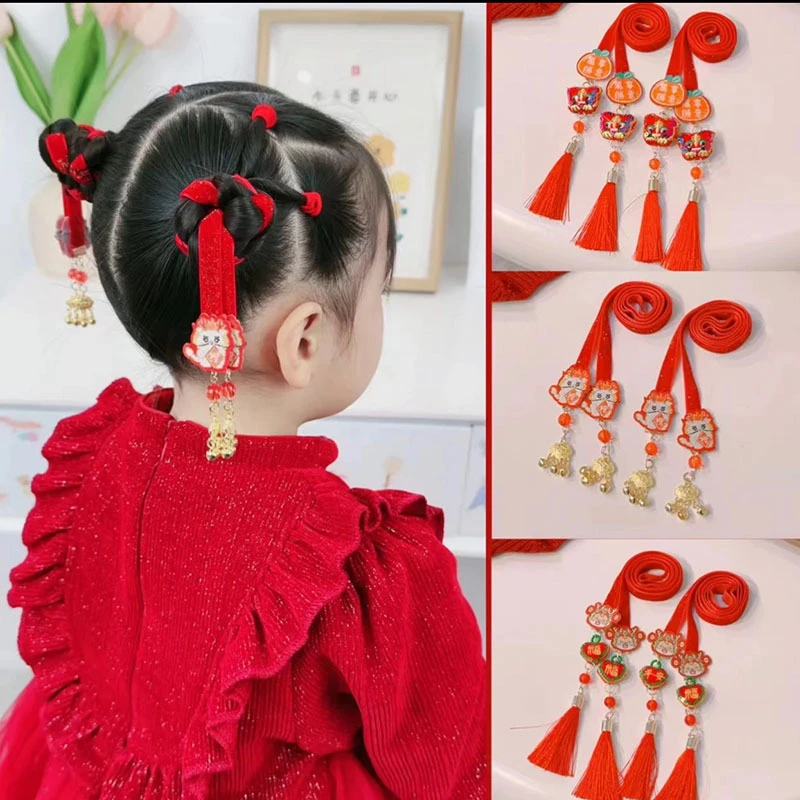 儿童古风汉服头饰编发带头绳中国风女童铃铛飘带绑发宝宝新年发饰