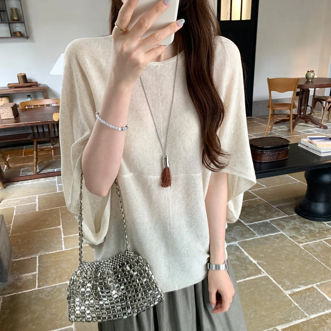 现货高级感法式薄款宽松圆领短袖针织衫女2025夏季新款慵懒松弛感