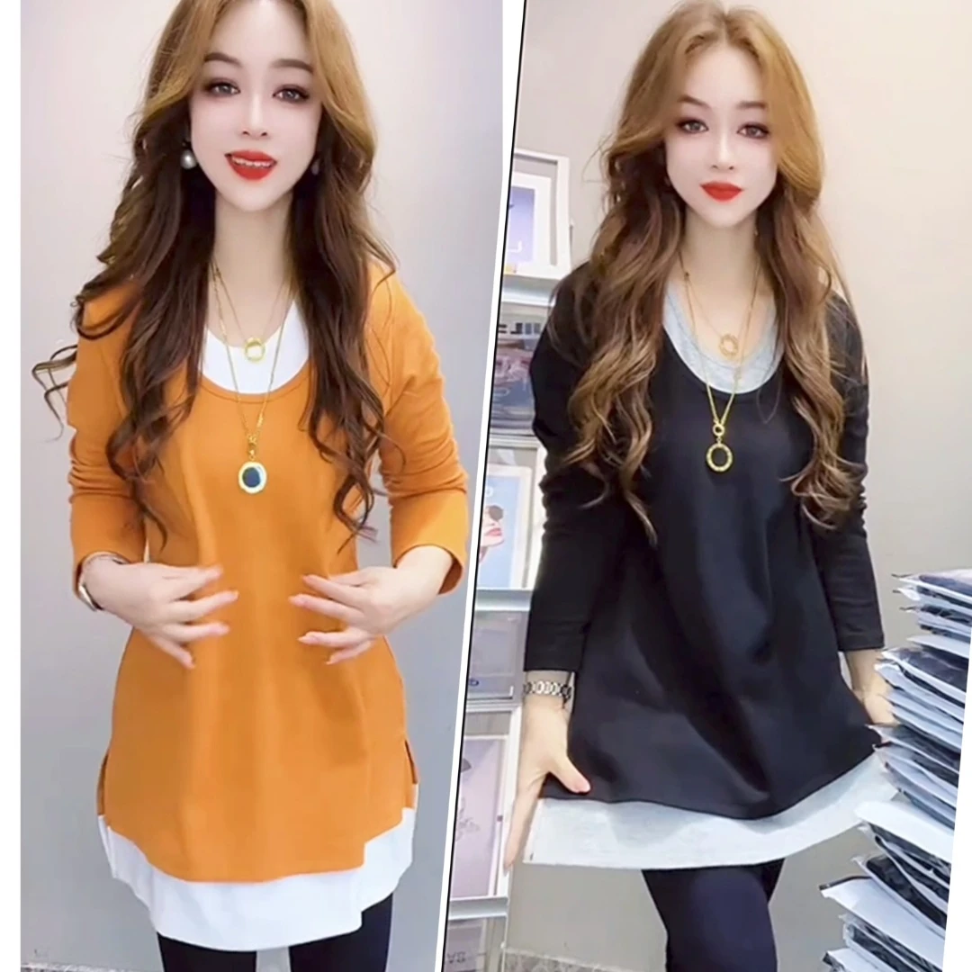 T恤假两件纯色拼接中长款长袖圆领洋气套头减龄显瘦女士休闲爆款