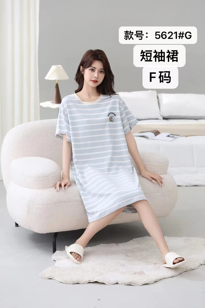 5621#浅蓝条纹 女士爽棉短袖宽松休闲印花舒适甜美夏季睡裙