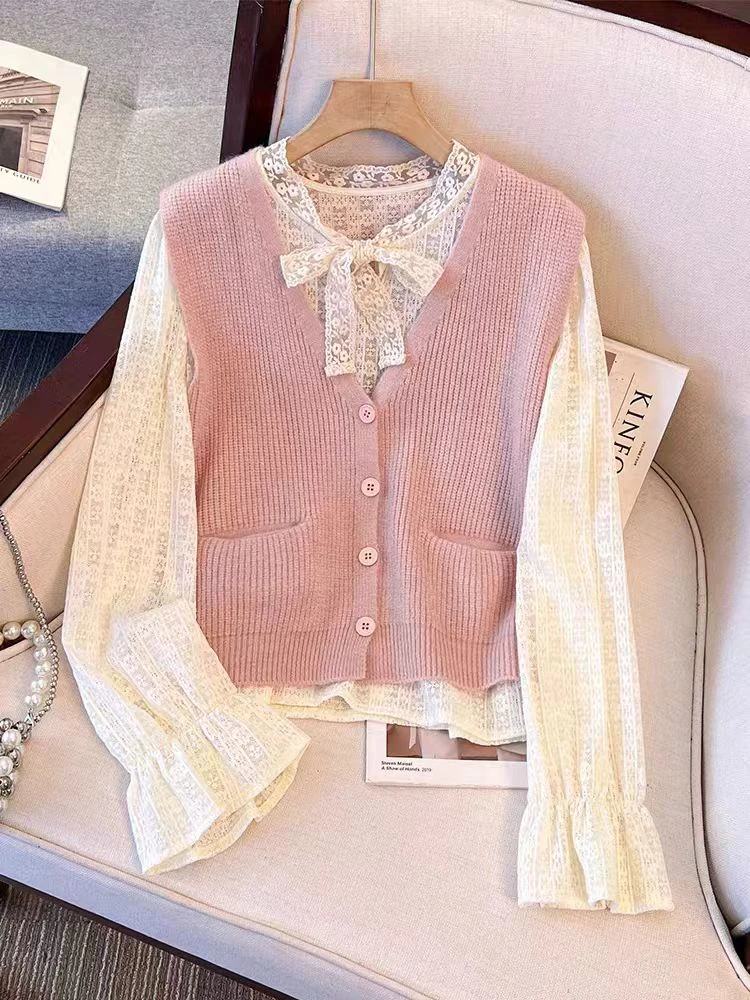 5101#时尚套装2025秋新款爆款百搭时尚减龄蕾丝显瘦洋气两件套