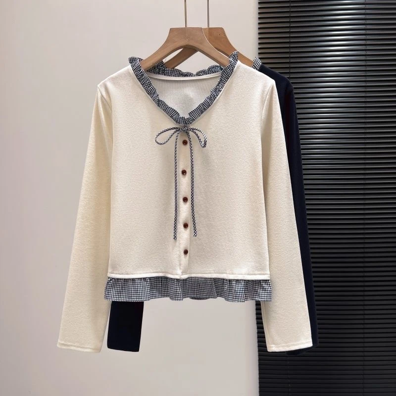 大码女装德绒保暖木耳边假两件长袖打底T恤女秋冬宽松遮肚子上衣