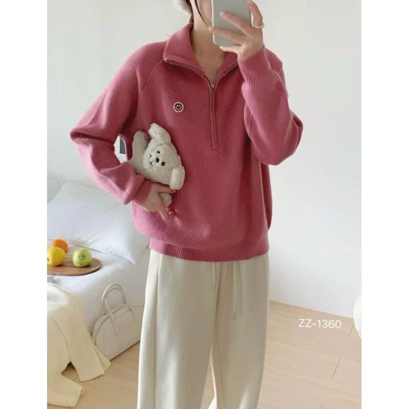 秋季新款半开衫套头毛衣笑脸刺绣纯色百搭针织衫1360