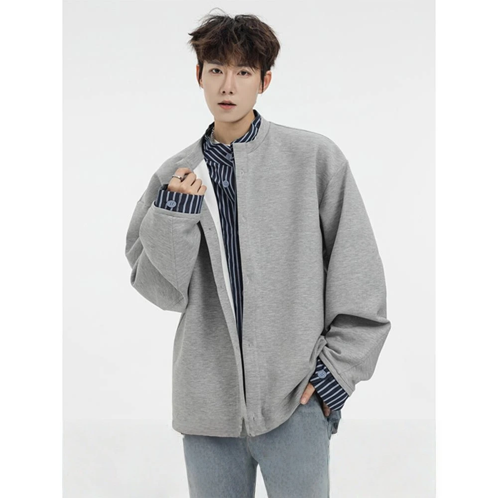 美式条纹假两件开衫卫衣男潮牌新款宽松休闲百搭立领灰色运动外套