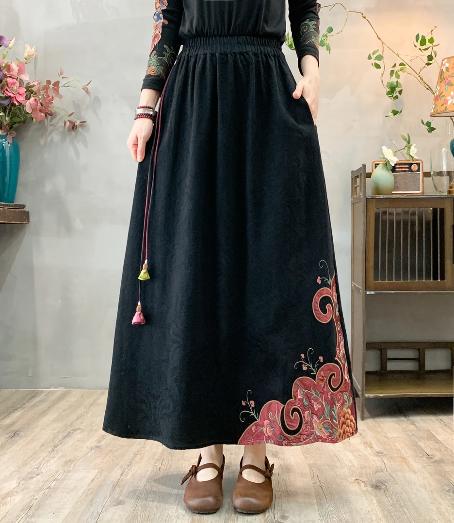 【绣娘】（桃红柳绿）春季新款民族风松紧腰亚麻半身裙