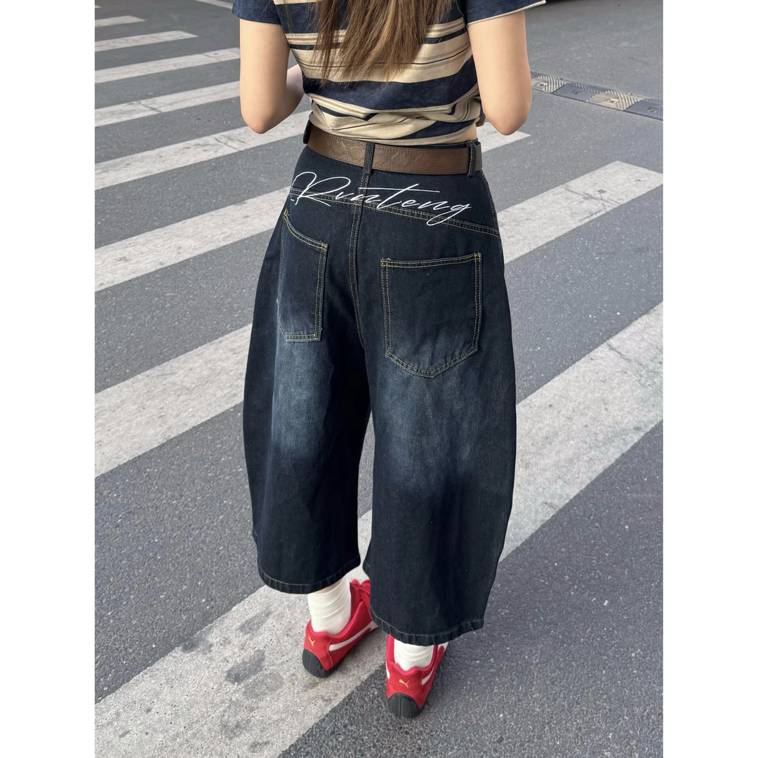 XFX 美式复古宽松弯刀七分牛仔裤女夏季高街刺绣cleanfit阔腿裤潮