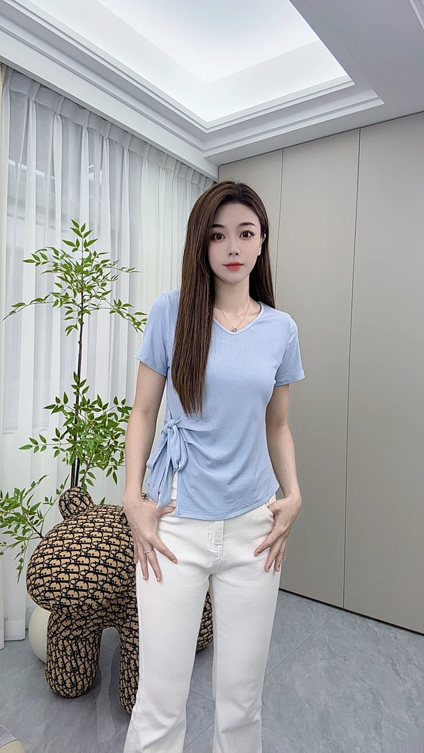 【现货现发】2025夏季V领不规则绑带开叉T恤长短袖显瘦百搭款