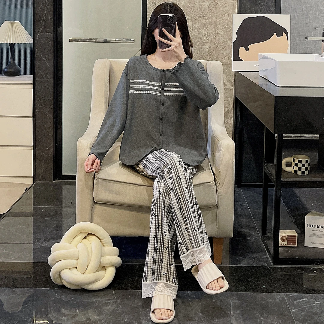 2025年新款睡衣女春秋季纯棉长袖大码可外穿高级感条纹套装家居服