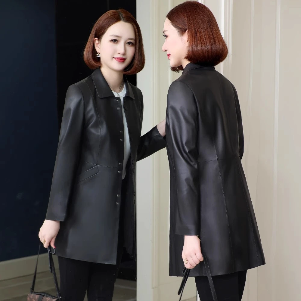 时尚皮衣女2025春秋新款海宁妈妈修身高端绵羊皮中长款显瘦外套