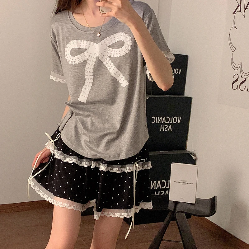 灰色蝴蝶结睡衣女学生新款夏季莫代尔简约圆领短袖短裤家居服套装