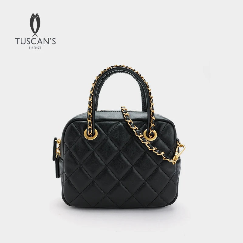 TUSCAN'S新款小香风保龄球小手拎包经典菱格羊皮女款时尚斜挎包