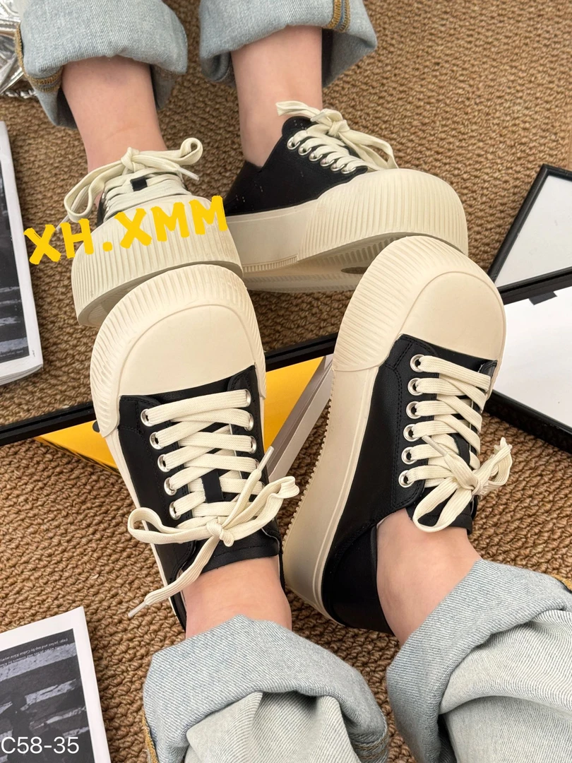 58-35百搭小白鞋女2025春夏厚底增高饼干系带黄色休闲ins踩脚板鞋