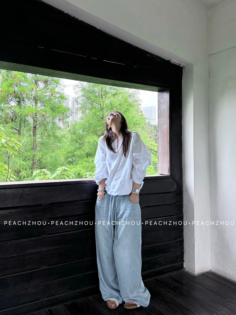 『PEACHZHOU』莱赛尔做旧水洗猫须纹休闲宽松系带松紧腰阔腿牛仔裤