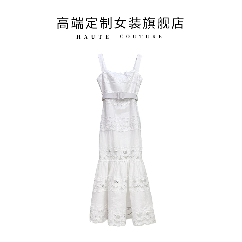 【筱翊定制】重工蕾丝刺绣蝴蝶结镂空白月光气质吊带收腰鱼尾长裙