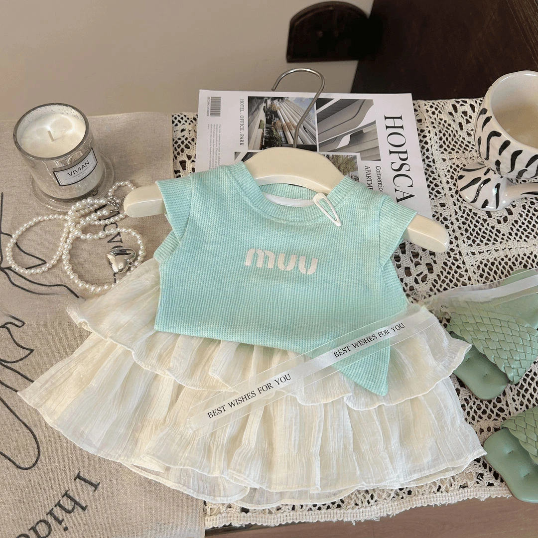 2025女童夏季无袖套装童装洋气新款韩版宝宝夏季运动上衣蛋糕裙