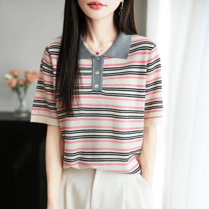 夏季新款翻领休闲套头短袖女T恤显瘦拼色条纹polo领针织打底上衣1