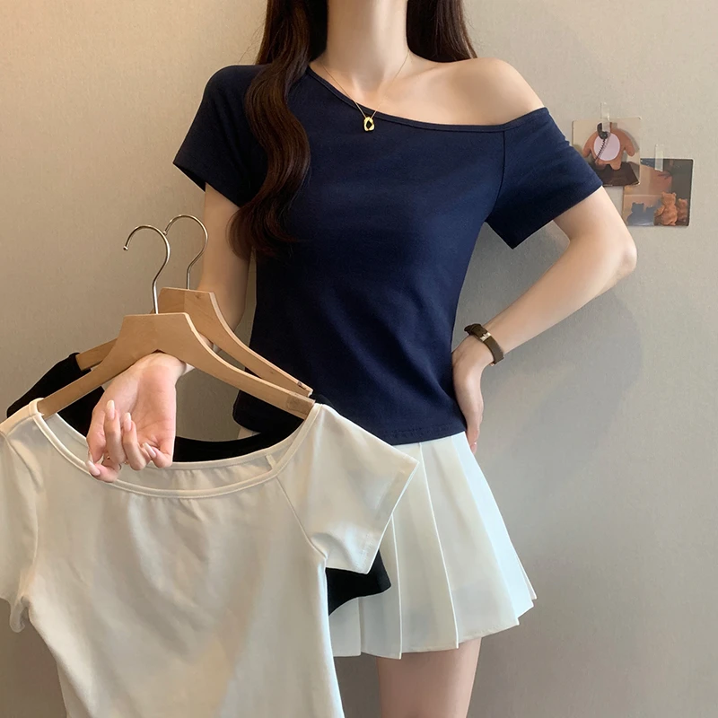 【胖欣】纯欲斜露肩短袖t恤女夏季新款微胖mm设计感小众别致上衣